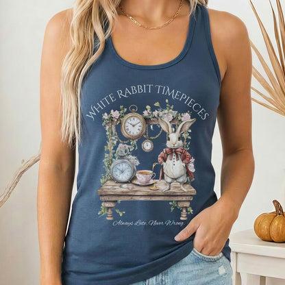 Tank Top Solid Indigo / XS White Rabbit Timepieces Alice in Wonderland Women's Racerback Tank Top The Mystic Eden