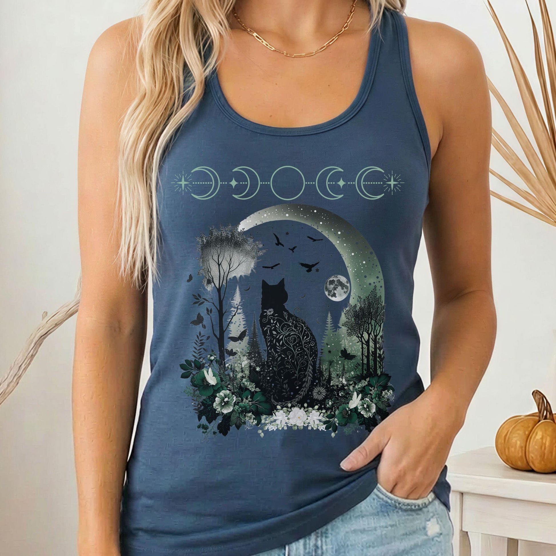 Tank Top Solid Indigo / XS Witchy Black Cat Women's Racerback Tank Top The Mystic Eden