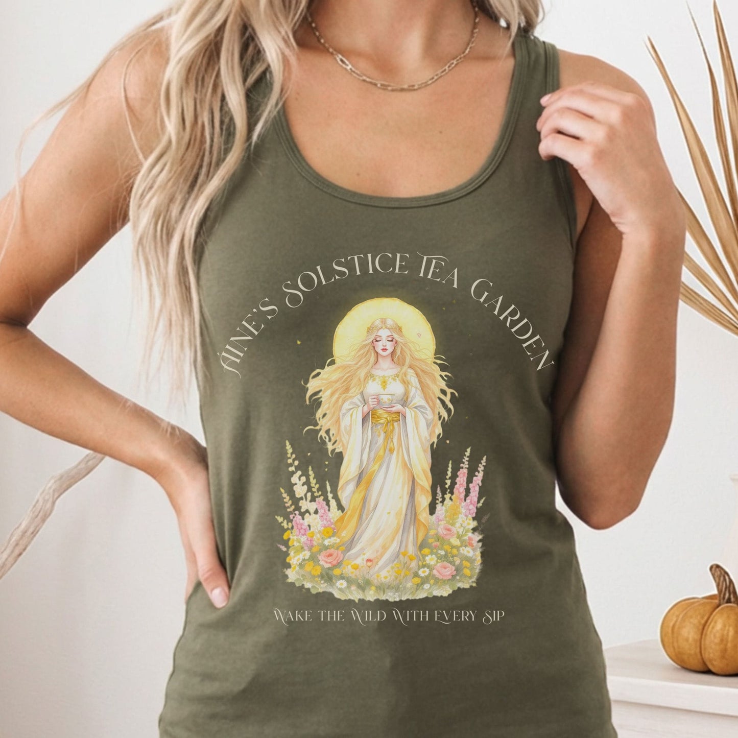 Tank Top Solid Military Green / XS Áine's Solstice Tea Garden Radiant Goddess Women's Lightweight Tank Top The Mystic Eden