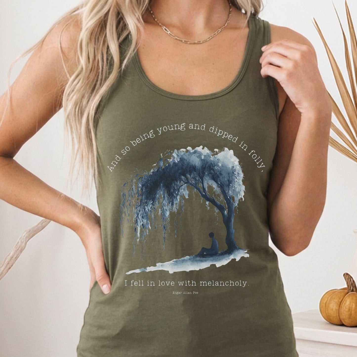 Tank Top Solid Military Green / XS And So Being Young Edgar Allan Poe Women's Racerback Tank Top The Mystic Eden