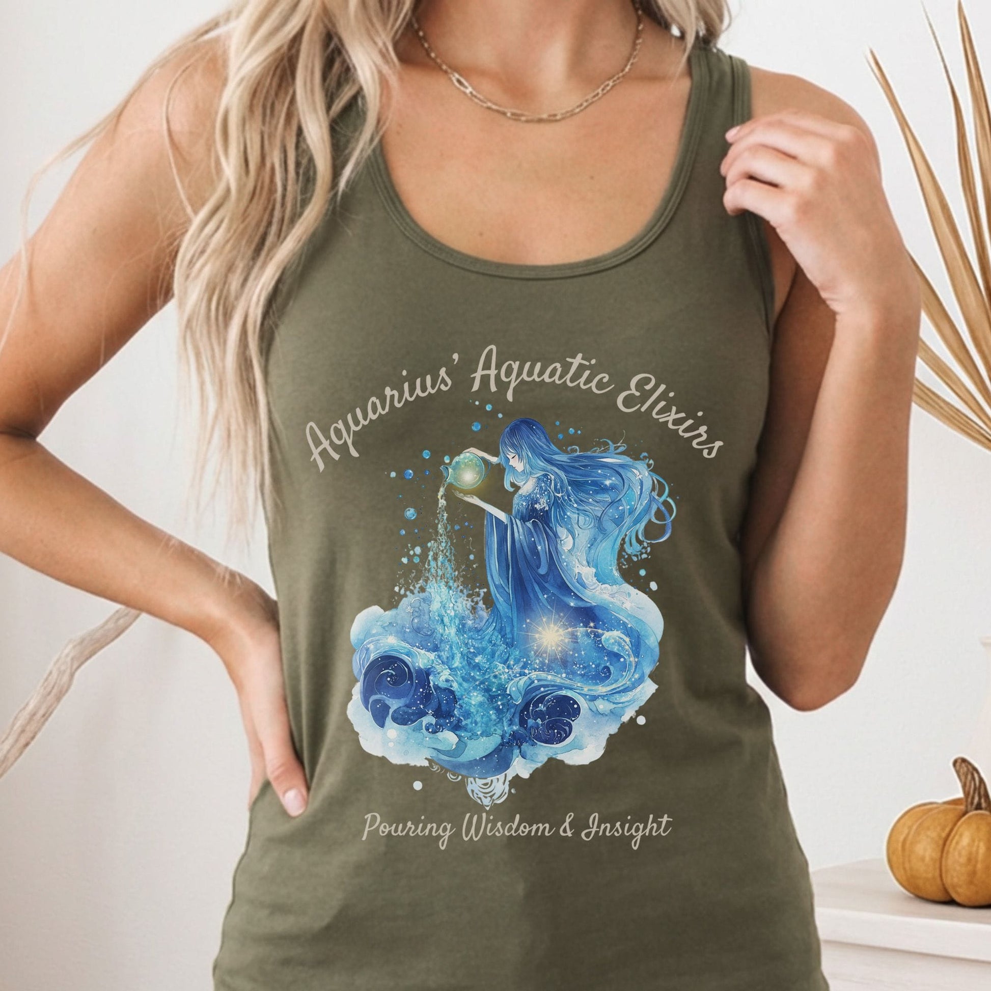 Tank Top Solid Military Green / XS Aquarius' Aquatic Elixirs Zodiac Women's Racerback Tank Top The Mystic Eden