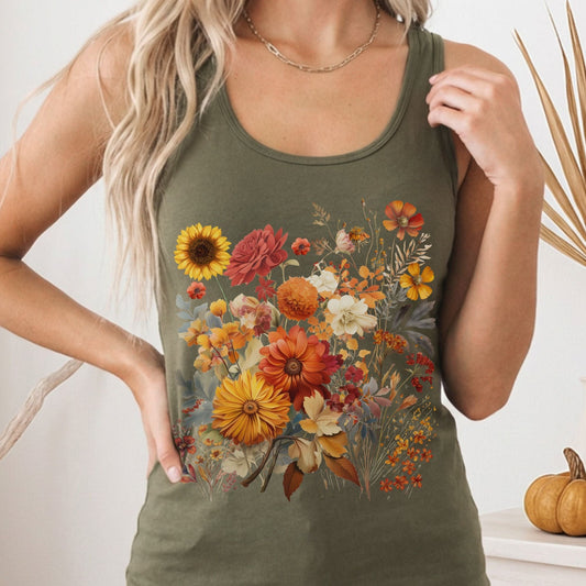 Tank Top Solid Military Green / XS Cottagecore Fall Aesthetic Floral Women's Racerback Tank Top The Mystic Eden