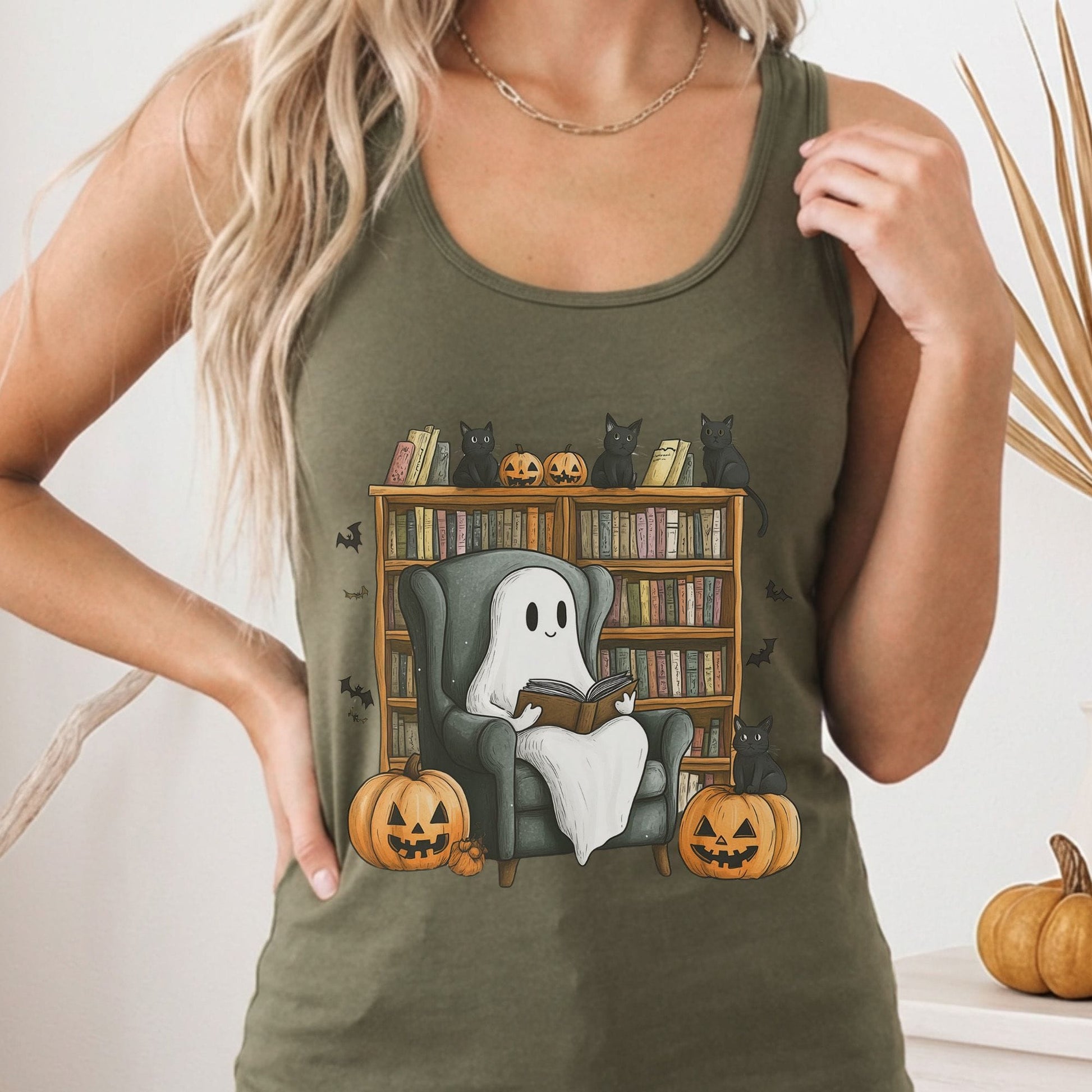 Tank Top Solid Military Green / XS Cute Reading Ghosts & Black Cats Women's Racerback Tank Top The Mystic Eden