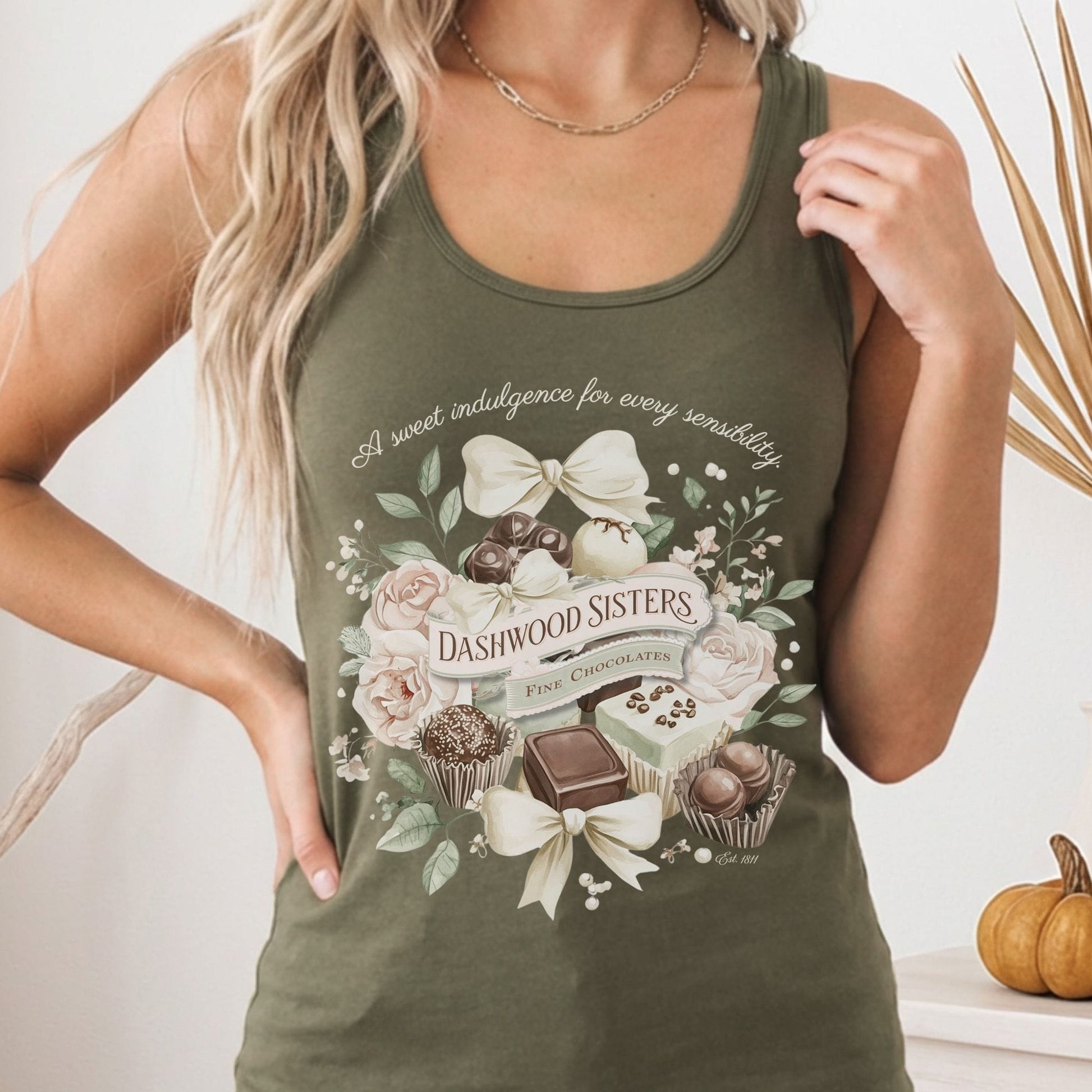 Tank Top Solid Military Green / XS Dashwood Sisters Fine Chocolates Sense and Sensibility Women's Racerback Tank Top The Mystic Eden