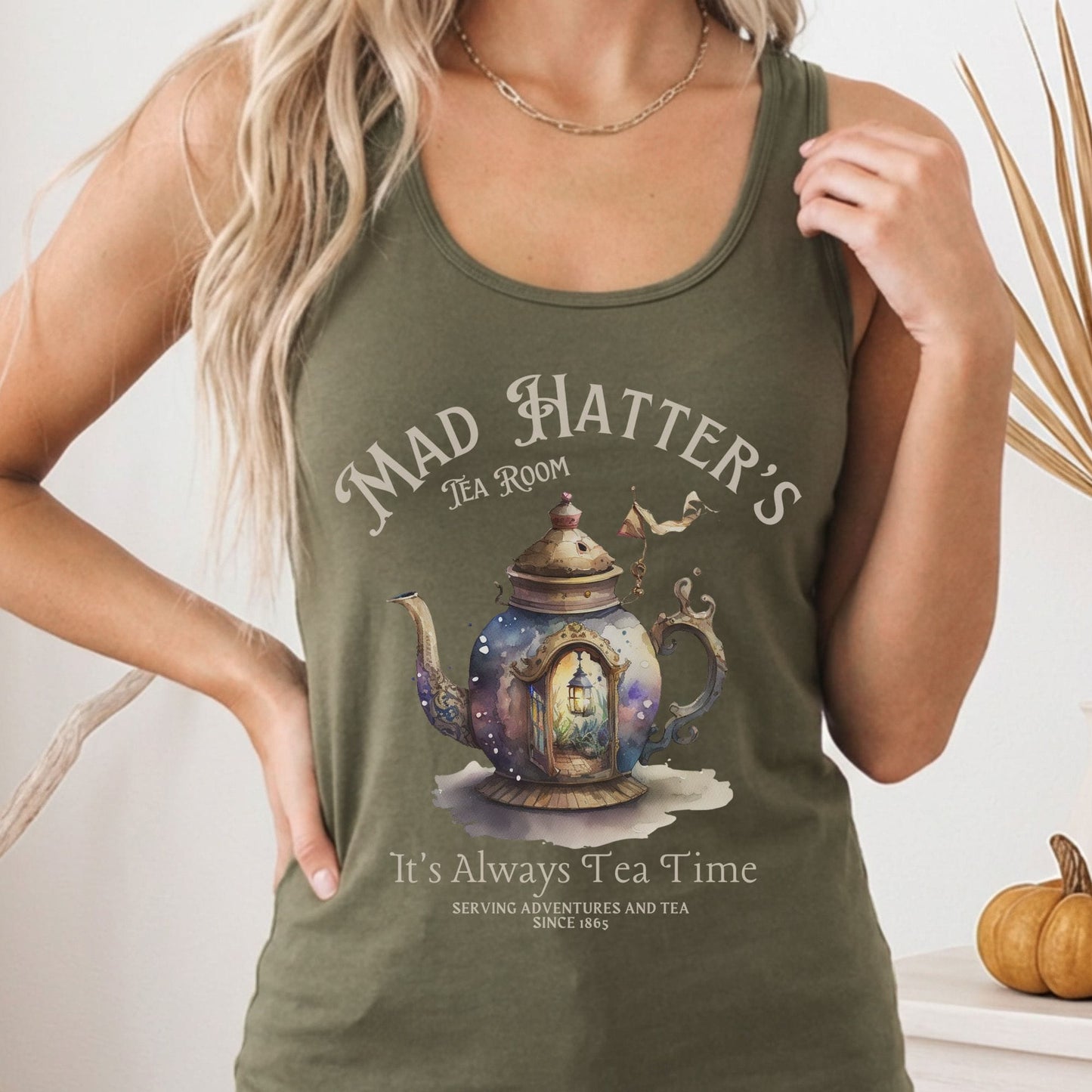 Tank Top Solid Military Green / XS It's Alway's Tea Time Mad Hatters Tea Room Women's Racerback Tank Top The Mystic Eden