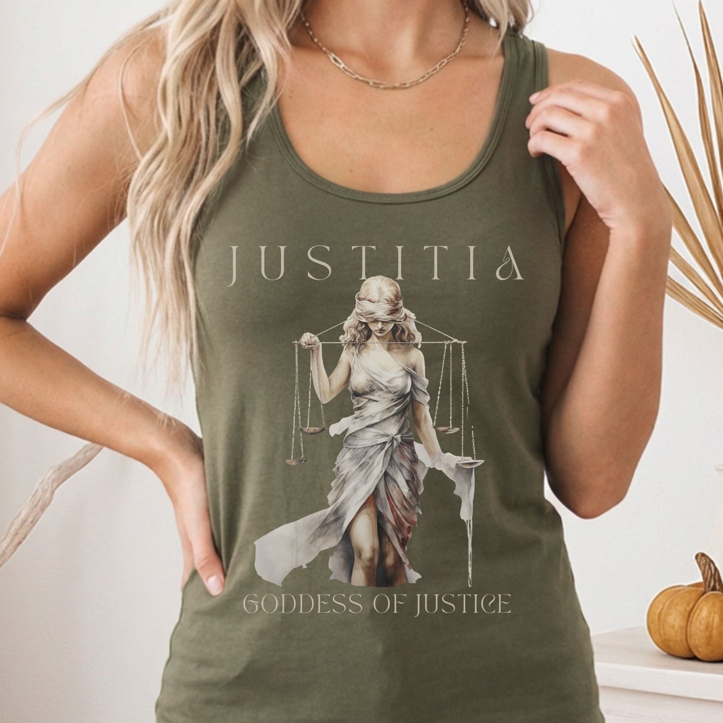 Tank Top Solid Military Green / XS Justitia Goddess of Justice Mythology Women's Racerback Tank Top The Mystic Eden