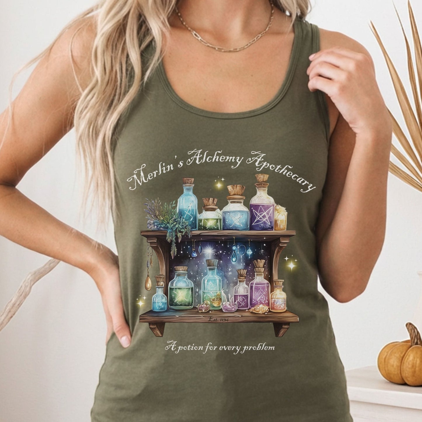 Tank Top Solid Military Green / XS Merlin's Alchemy Apothecary Women's Racerback Tank Top The Mystic Eden