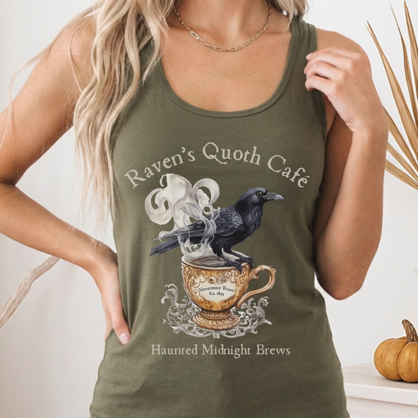 Tank Top Solid Military Green / XS Raven Quoth Cafe Haunted Midnight Brews Poe Women's Racerback Tank Top The Mystic Eden