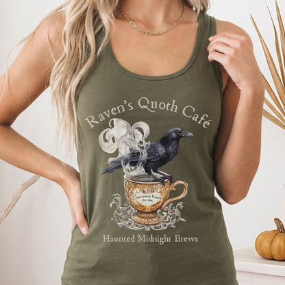 Tank Top Solid Military Green / XS Raven Quoth Cafe Haunted Midnight Brews Poe Women's Racerback Tank Top The Mystic Eden