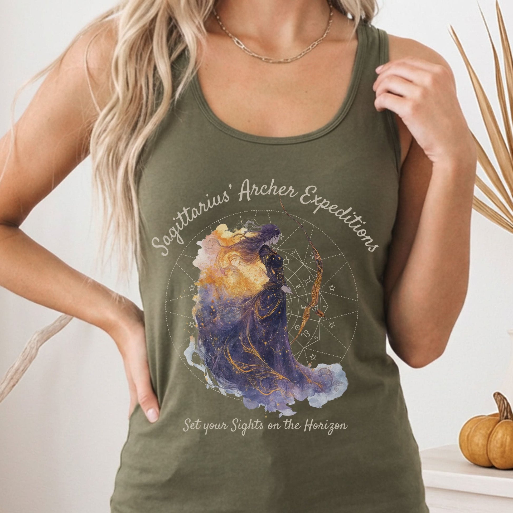 Tank Top Solid Military Green / XS Sagittarius' Archer Expeditions Zodiac Women's Racerback Tank Top The Mystic Eden