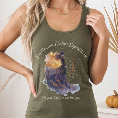 Tank Top Solid Military Green / XS Sagittarius' Archer Expeditions Zodiac Women's Racerback Tank Top The Mystic Eden