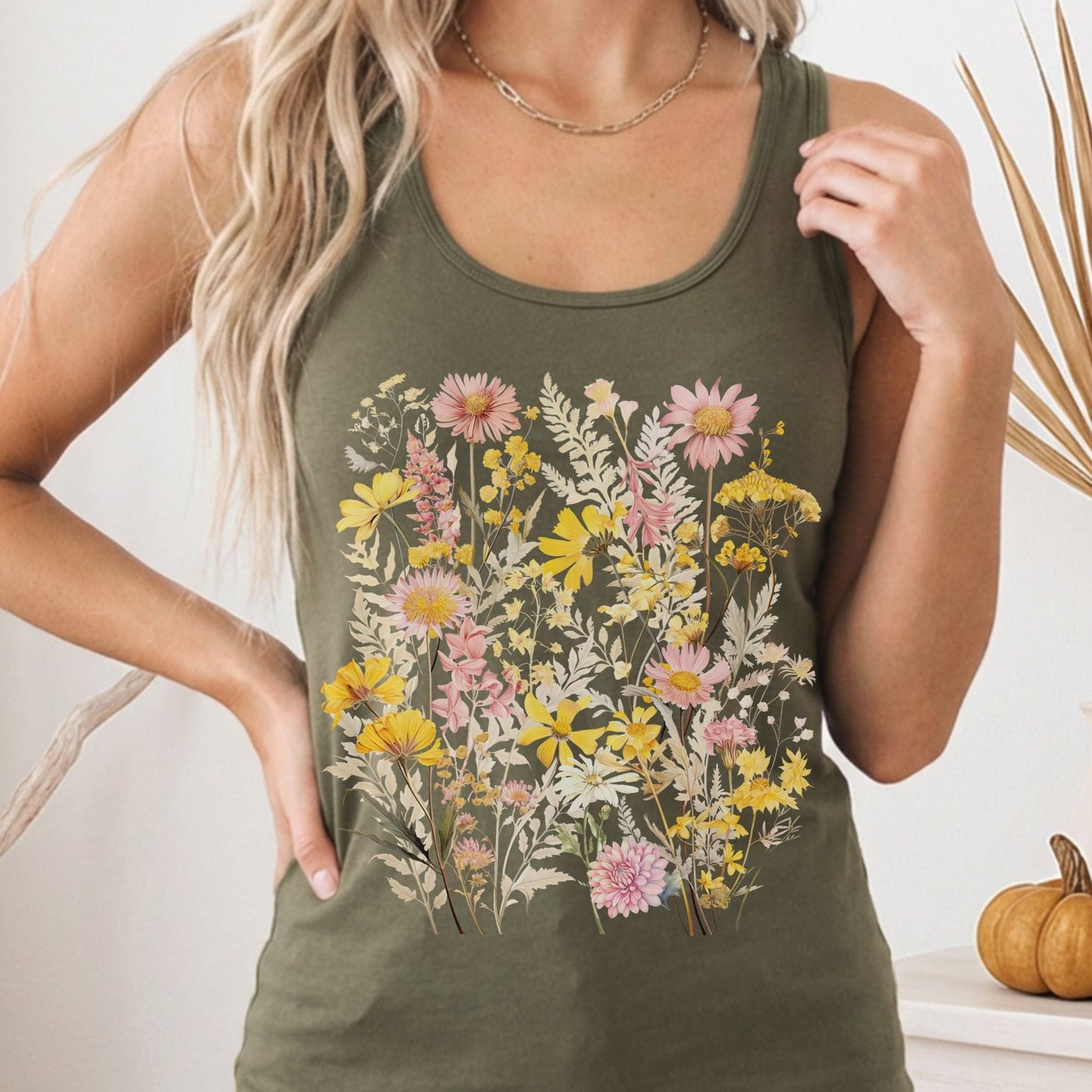 Tank Top Solid Military Green / XS Spring Floral Wildflower Women's Racerback Tank Top The Mystic Eden