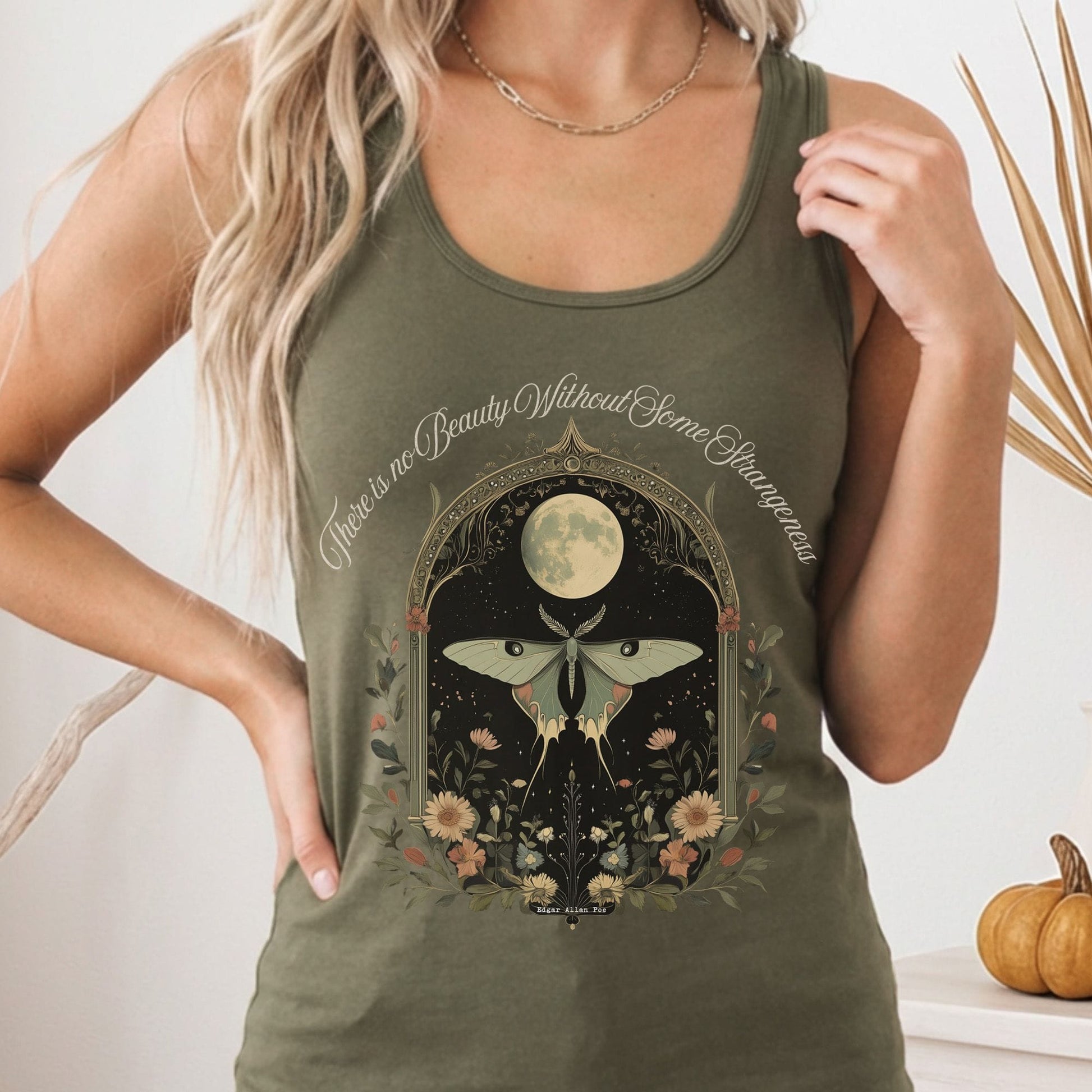 Tank Top Solid Military Green / XS There is no Beauty Without Some Strangeness Poe Women's Racerback Tank Top The Mystic Eden