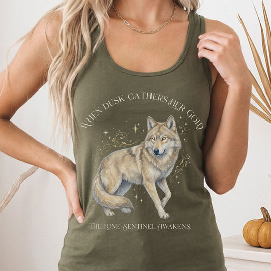 Tank Top Solid Military Green / XS When Dusk Gathers Her Gold Mystical Wolf Women's Lightweight Tank Top The Mystic Eden