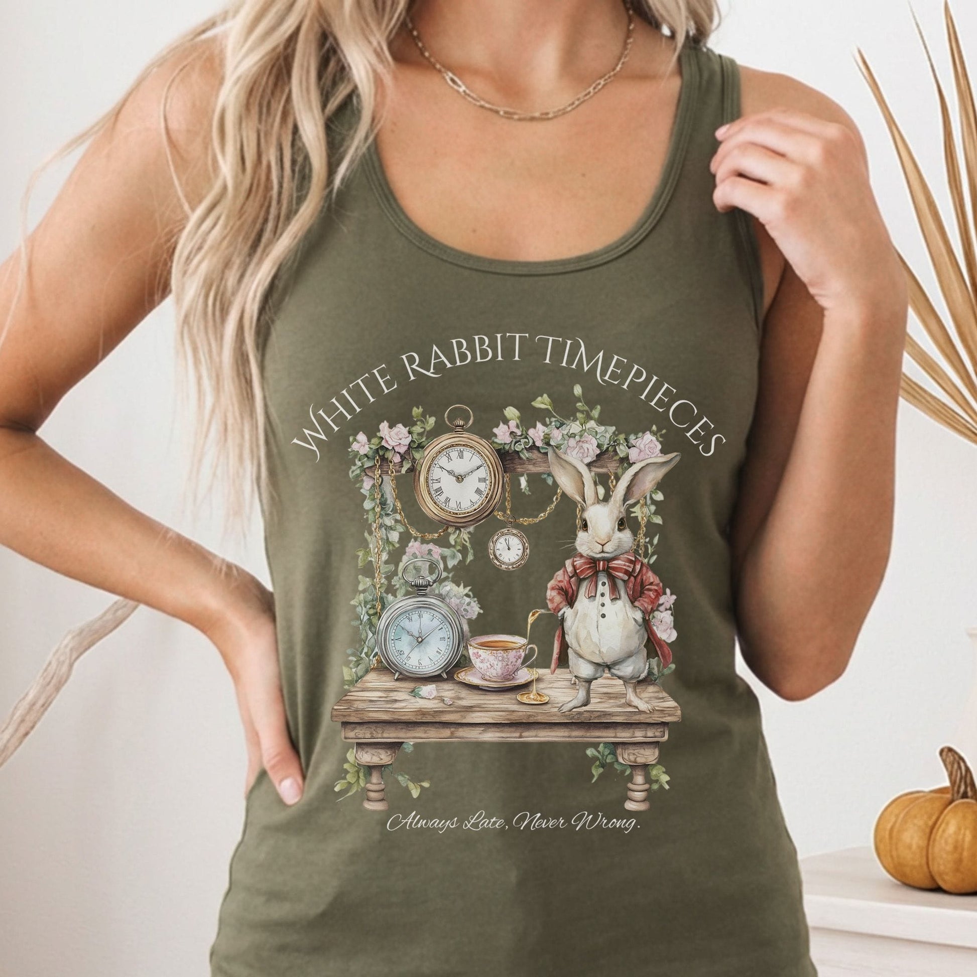 Tank Top Solid Military Green / XS White Rabbit Timepieces Alice in Wonderland Women's Racerback Tank Top The Mystic Eden