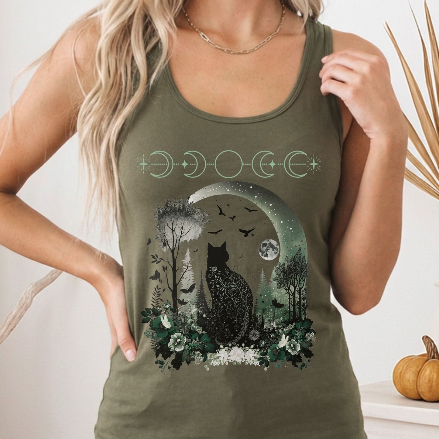 Tank Top Solid Military Green / XS Witchy Black Cat Women's Racerback Tank Top The Mystic Eden