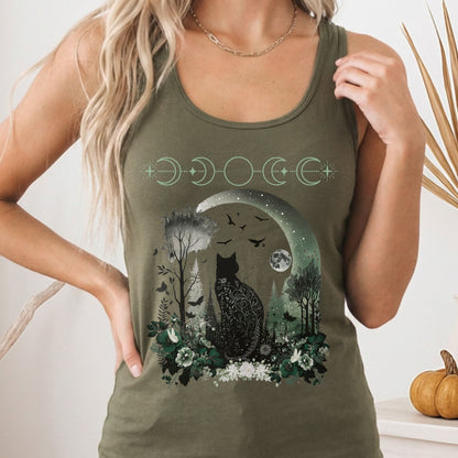 Tank Top Solid Military Green / XS Witchy Black Cat Women's Racerback Tank Top The Mystic Eden