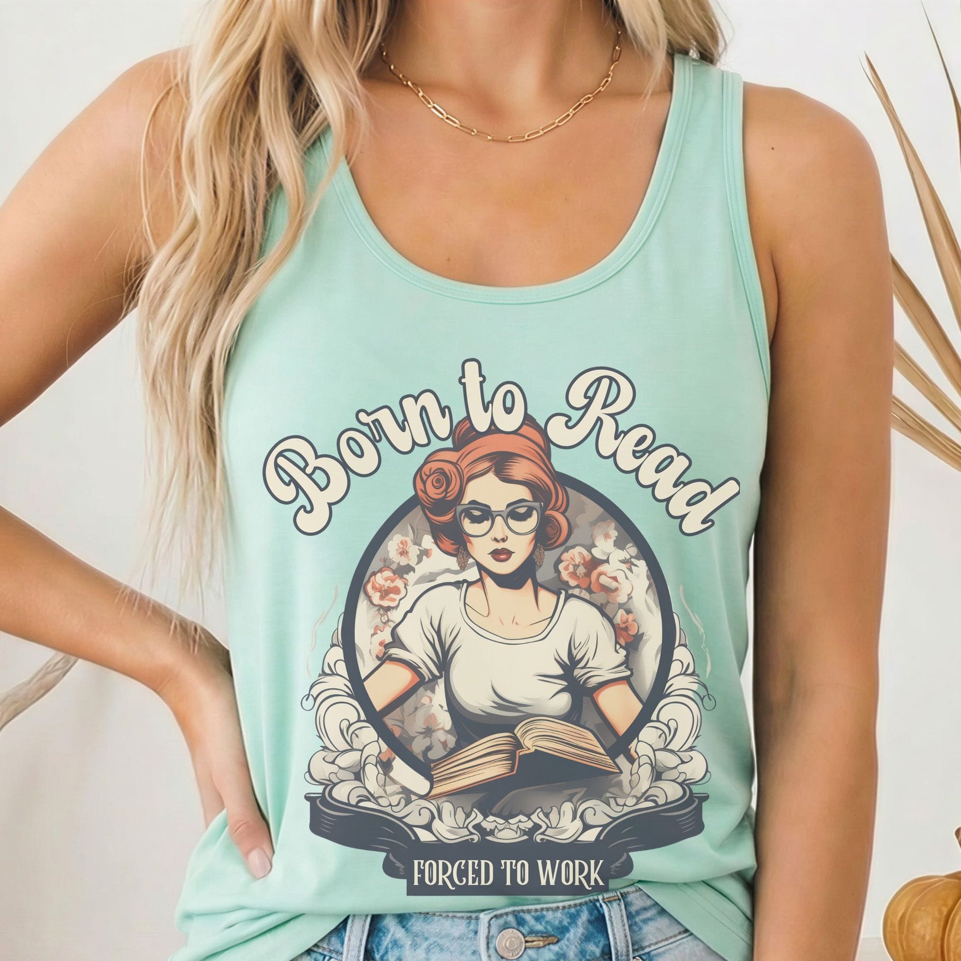 Tank Top Solid Mint / XS Born To Read Forced To Work Women's Racerback Tank Top The Mystic Eden