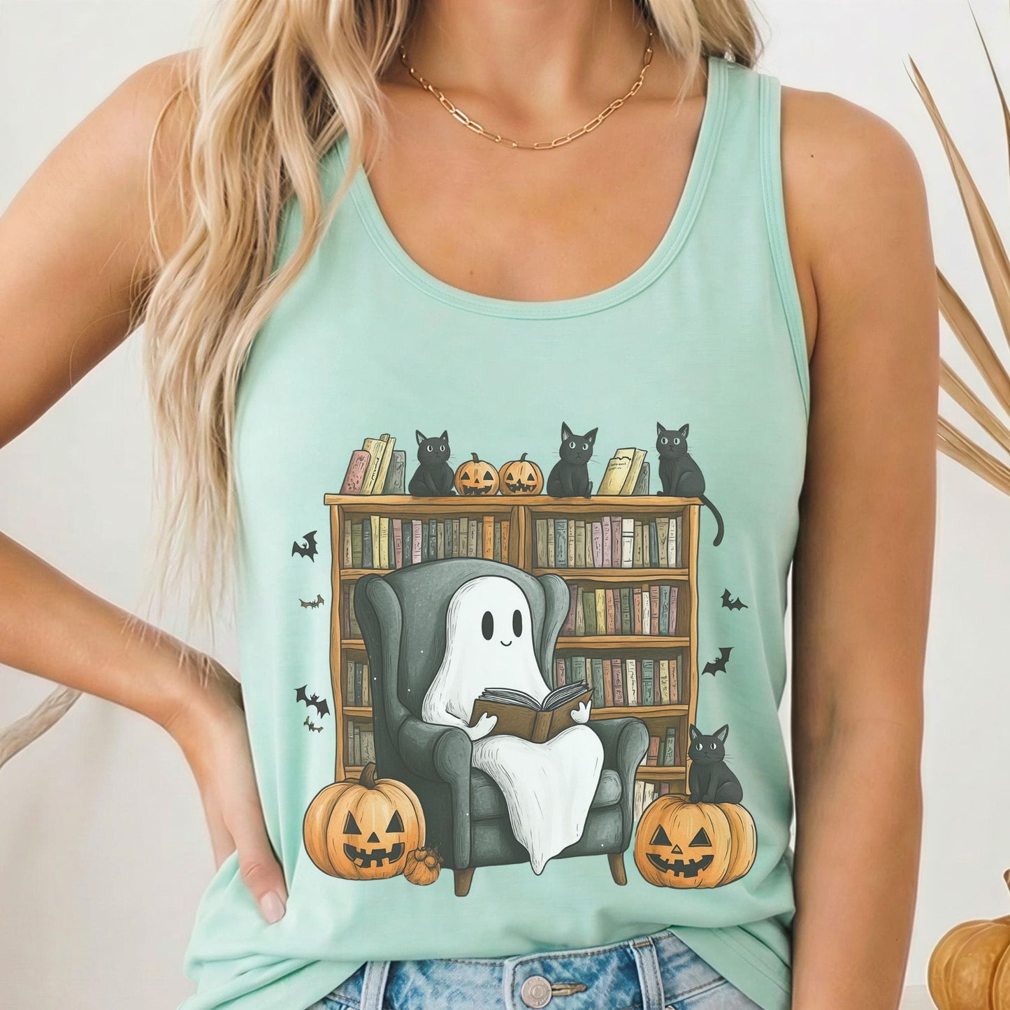 Tank Top Solid Mint / XS Cute Reading Ghosts & Black Cats Women's Racerback Tank Top The Mystic Eden