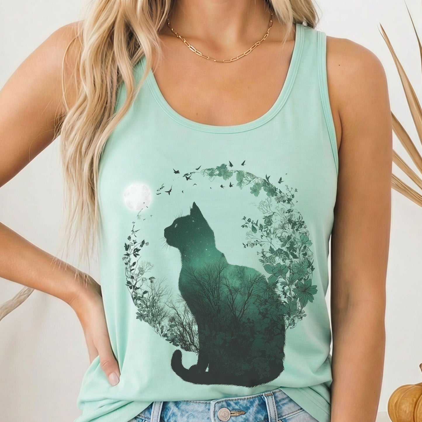 Tank Top Solid Mint / XS Moonlit Nocturnal Cat Scene Women's Lightweight Tank Top The Mystic Eden