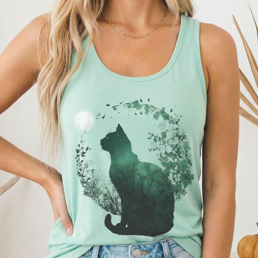 Tank Top Solid Mint / XS Moonlit Nocturnal Cat Scene Women's Lightweight Tank Top The Mystic Eden