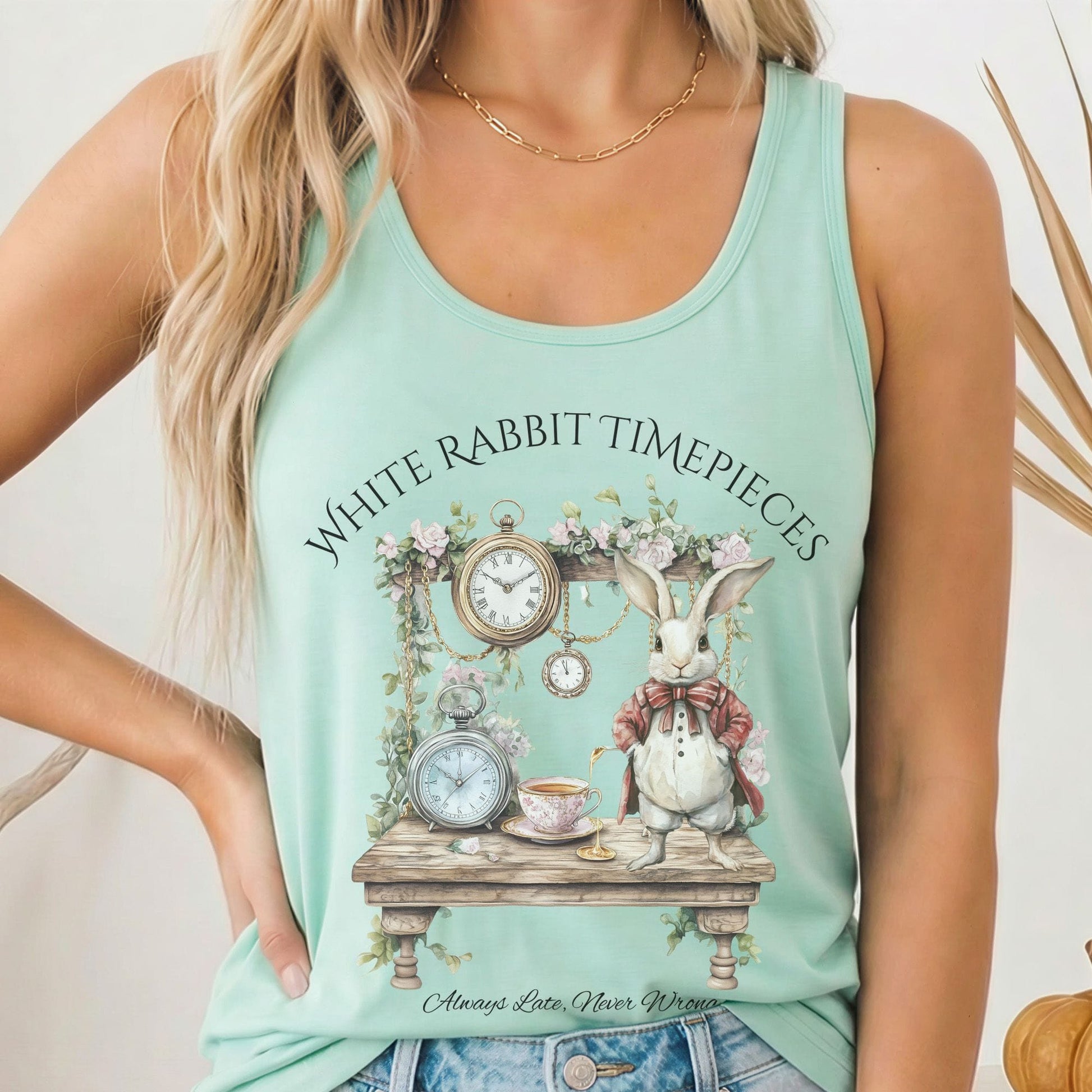Tank Top Solid Mint / XS White Rabbit Timepieces Alice in Wonderland Women's Racerback Tank Top The Mystic Eden