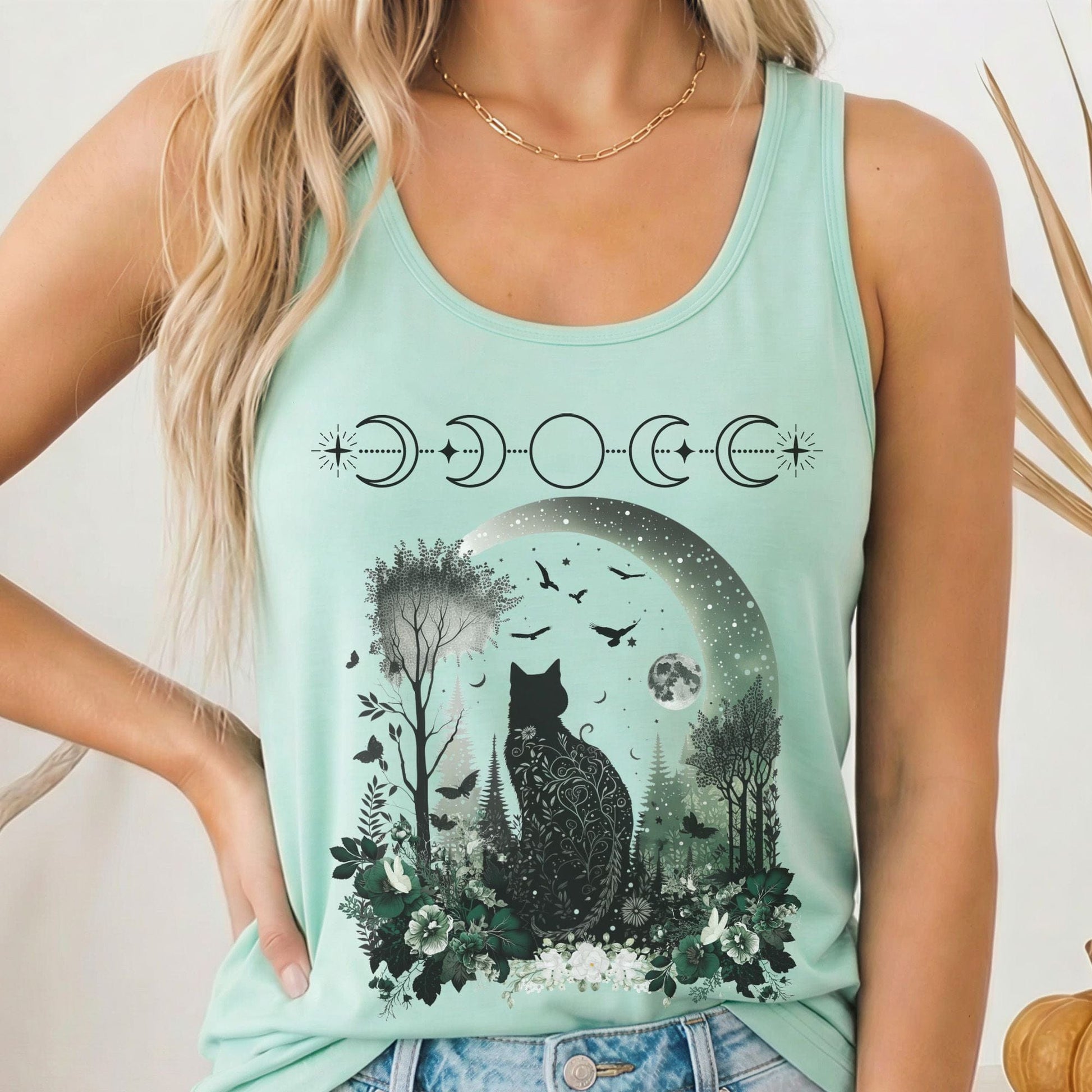 Tank Top Solid Mint / XS Witchy Black Cat Women's Racerback Tank Top The Mystic Eden