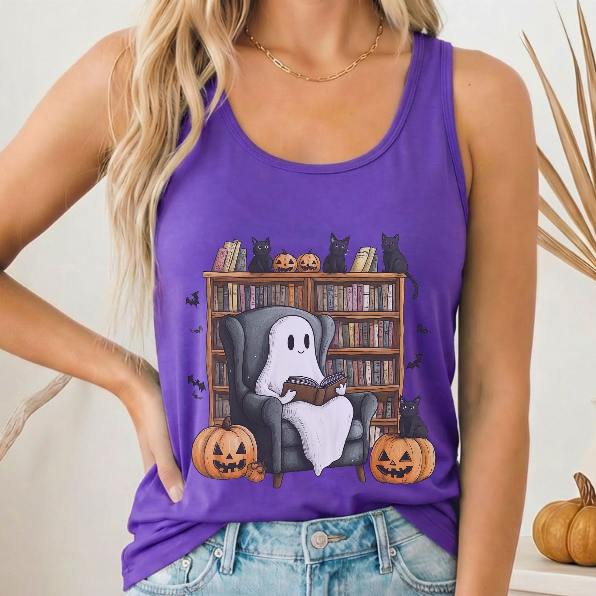 Tank Top Solid Purple Rush / XS Cute Reading Ghosts & Black Cats Women's Racerback Tank Top The Mystic Eden