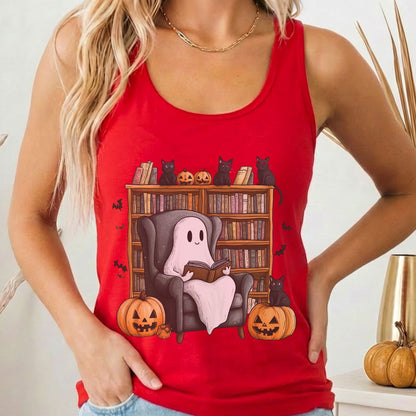 Tank Top Solid Red / XS Cute Reading Ghosts & Black Cats Women's Racerback Tank Top The Mystic Eden