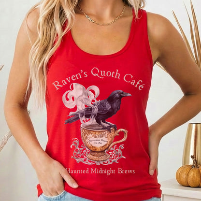 Tank Top Solid Red / XS Raven Quoth Cafe Haunted Midnight Brews Poe Women's Racerback Tank Top The Mystic Eden