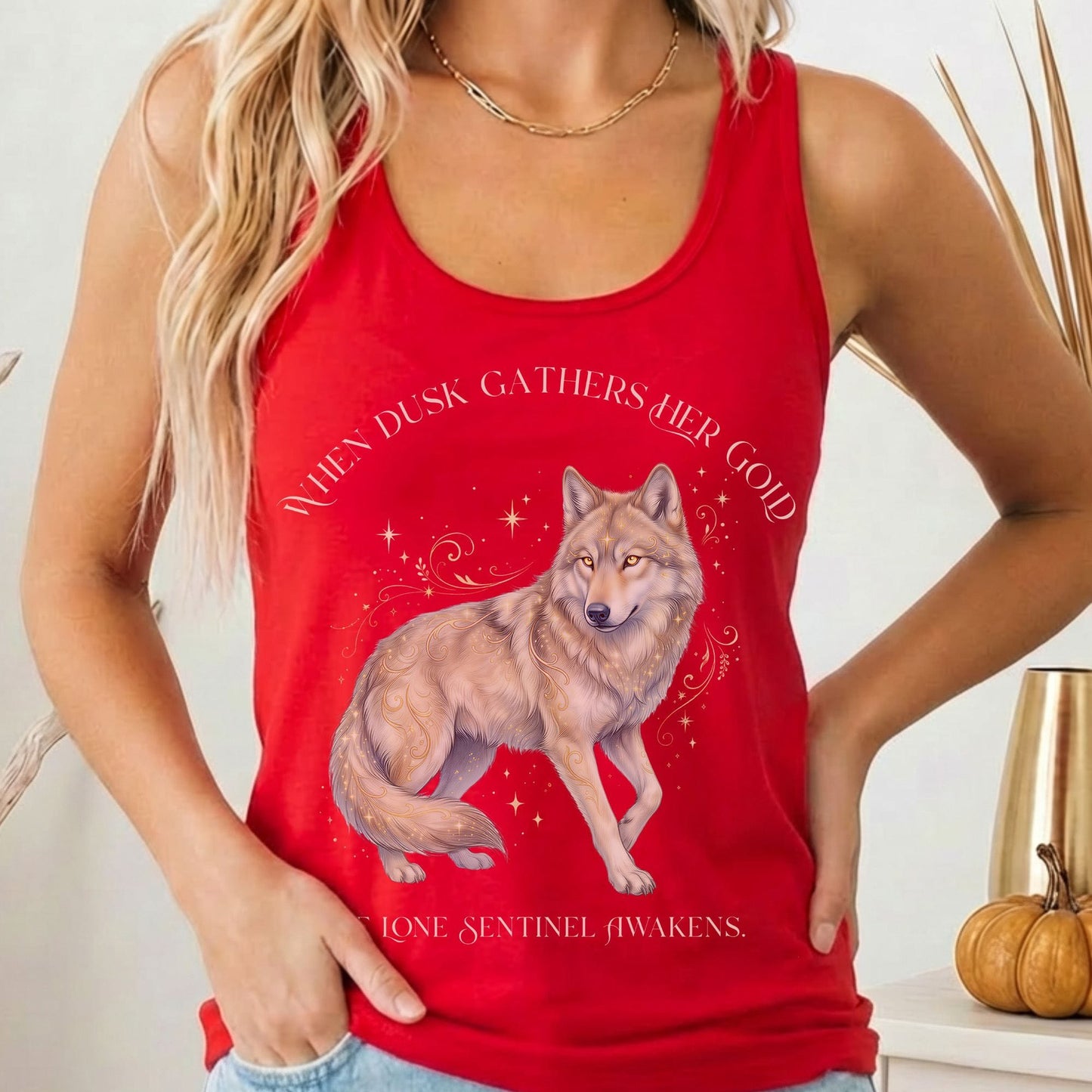 Tank Top Solid Red / XS When Dusk Gathers Her Gold Mystical Wolf Women's Lightweight Tank Top The Mystic Eden