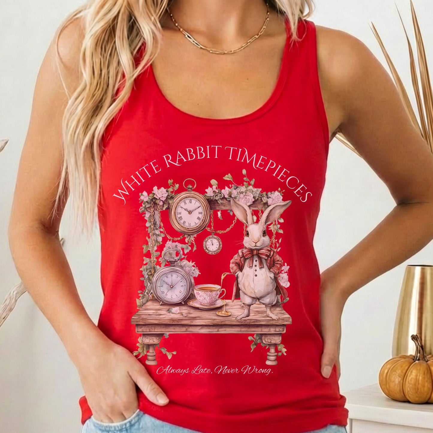 Tank Top Solid Red / XS White Rabbit Timepieces Alice in Wonderland Women's Racerback Tank Top The Mystic Eden