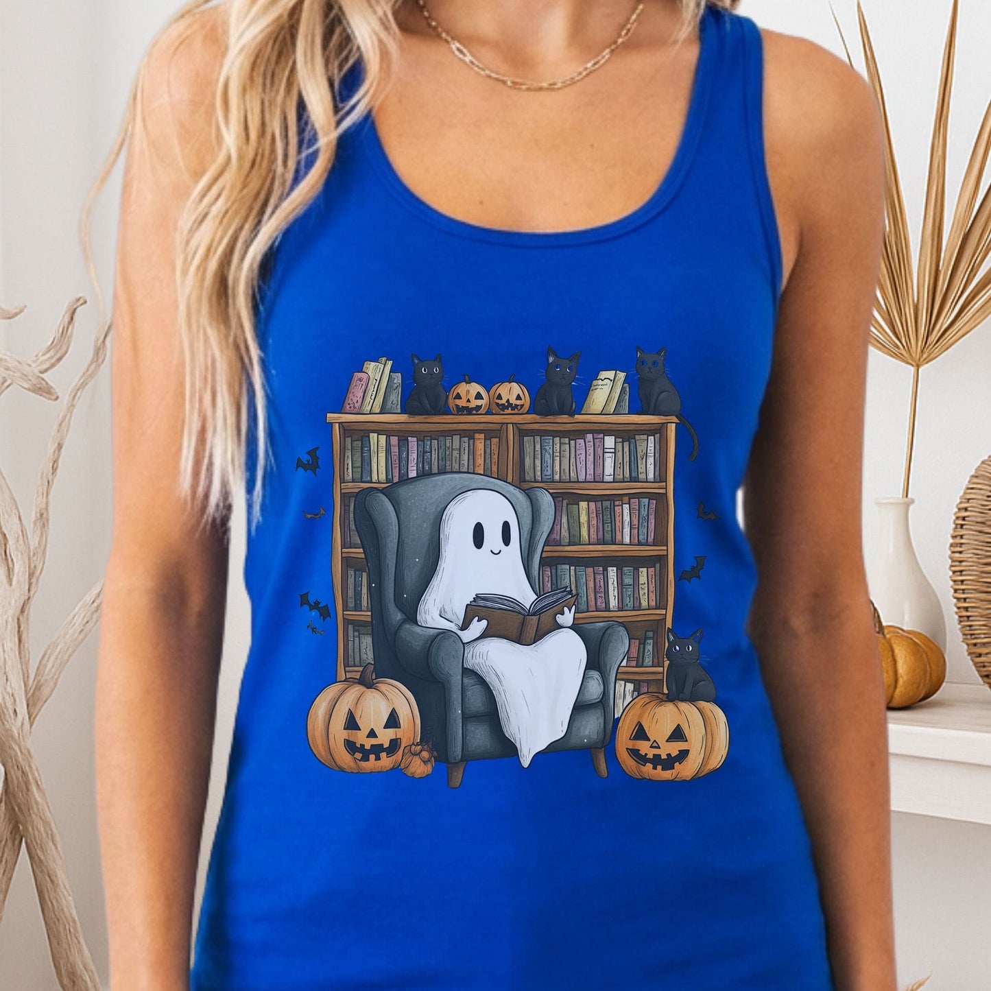 Tank Top Solid Royal / XS Cute Reading Ghosts & Black Cats Women's Racerback Tank Top The Mystic Eden