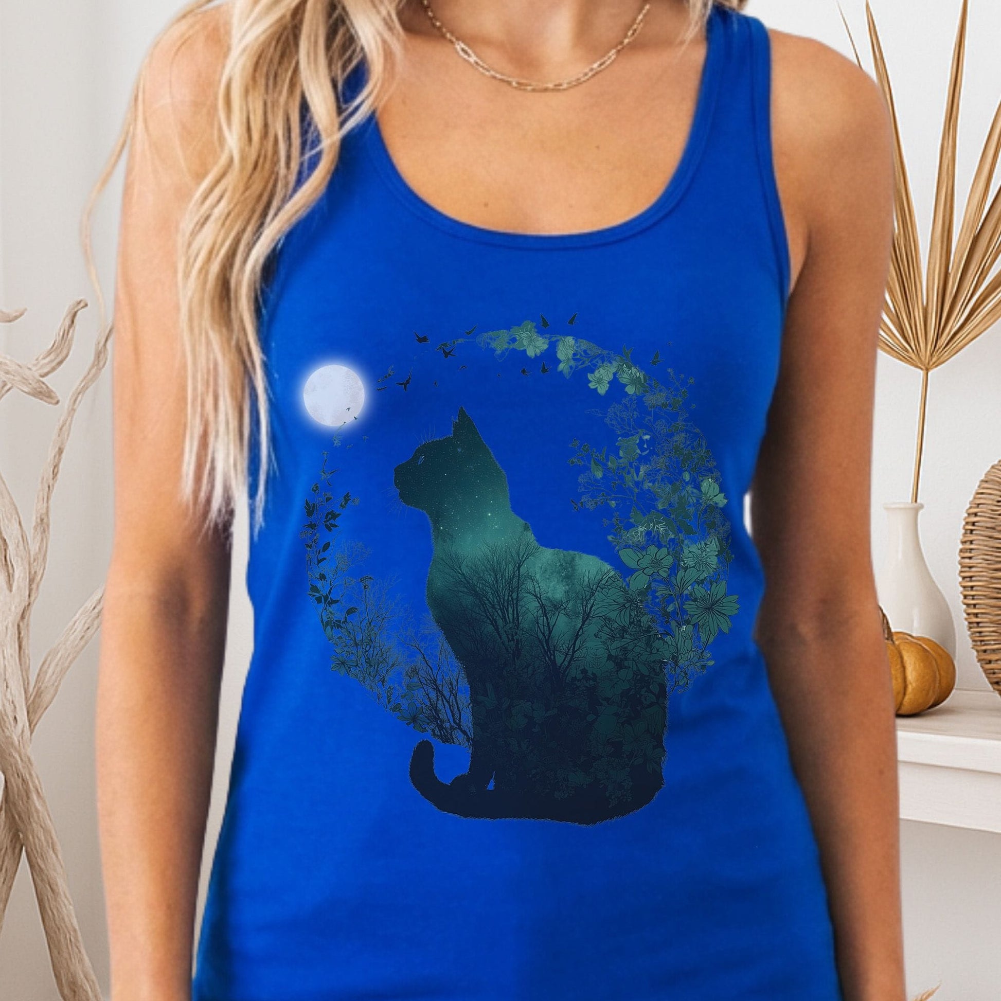 Tank Top Solid Royal / XS Moonlit Nocturnal Cat Scene Women's Lightweight Tank Top The Mystic Eden