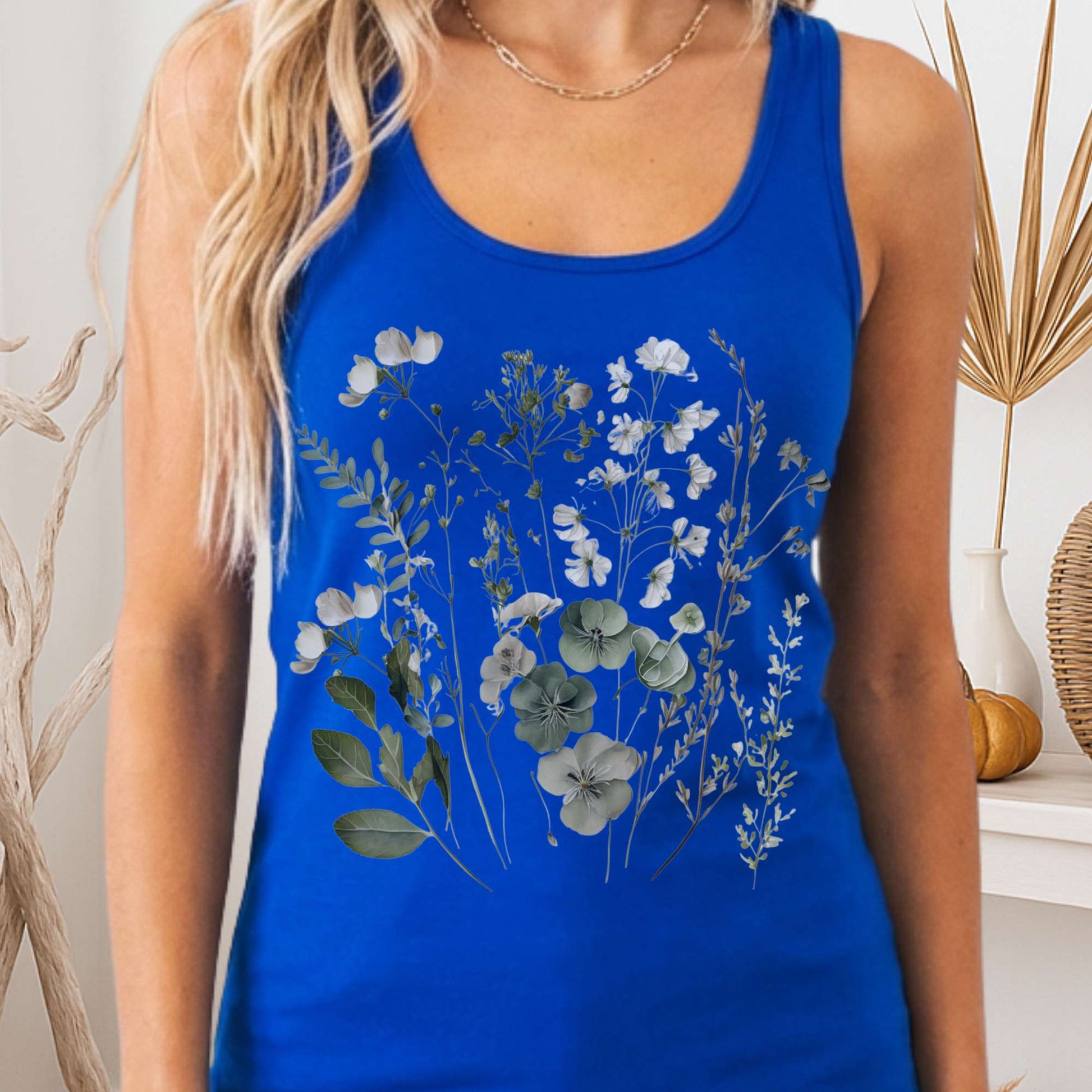 Tank Top Solid Royal / XS Sage and White Wildflower Lightweight Women's Racerback Tank The Mystic Eden