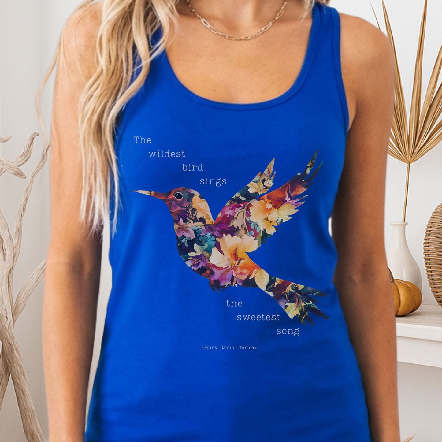 Tank Top Solid Royal / XS The Wildest Bird Sings The Sweetest Song Thoreau Women's Racerback Tank Top The Mystic Eden