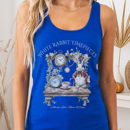 Tank Top Solid Royal / XS White Rabbit Timepieces Alice in Wonderland Women's Racerback Tank Top The Mystic Eden