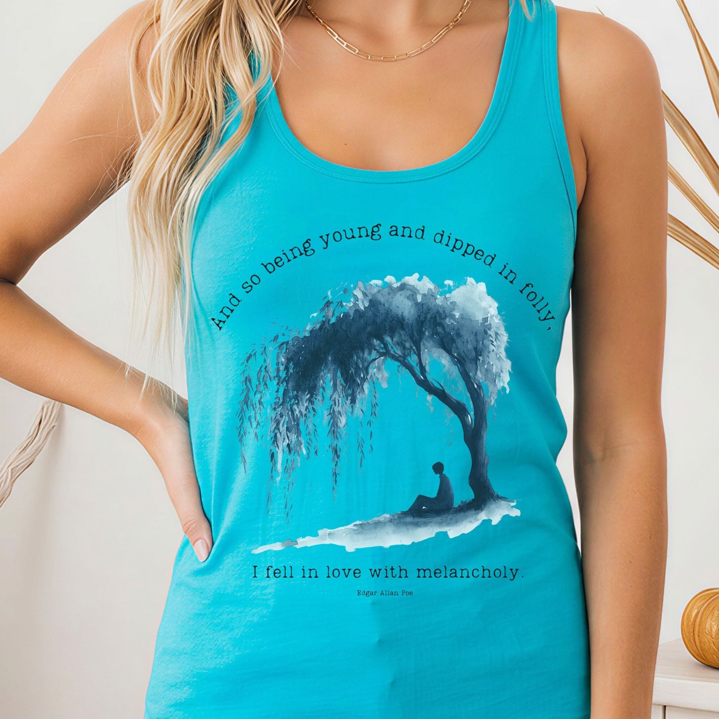 Tank Top Solid Tahiti Blue / XS And So Being Young Edgar Allan Poe Women's Racerback Tank Top The Mystic Eden