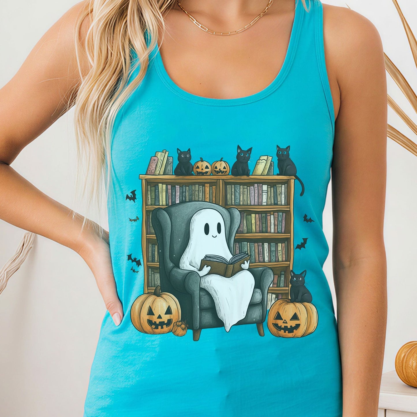 Tank Top Solid Tahiti Blue / XS Cute Reading Ghosts & Black Cats Women's Racerback Tank Top The Mystic Eden