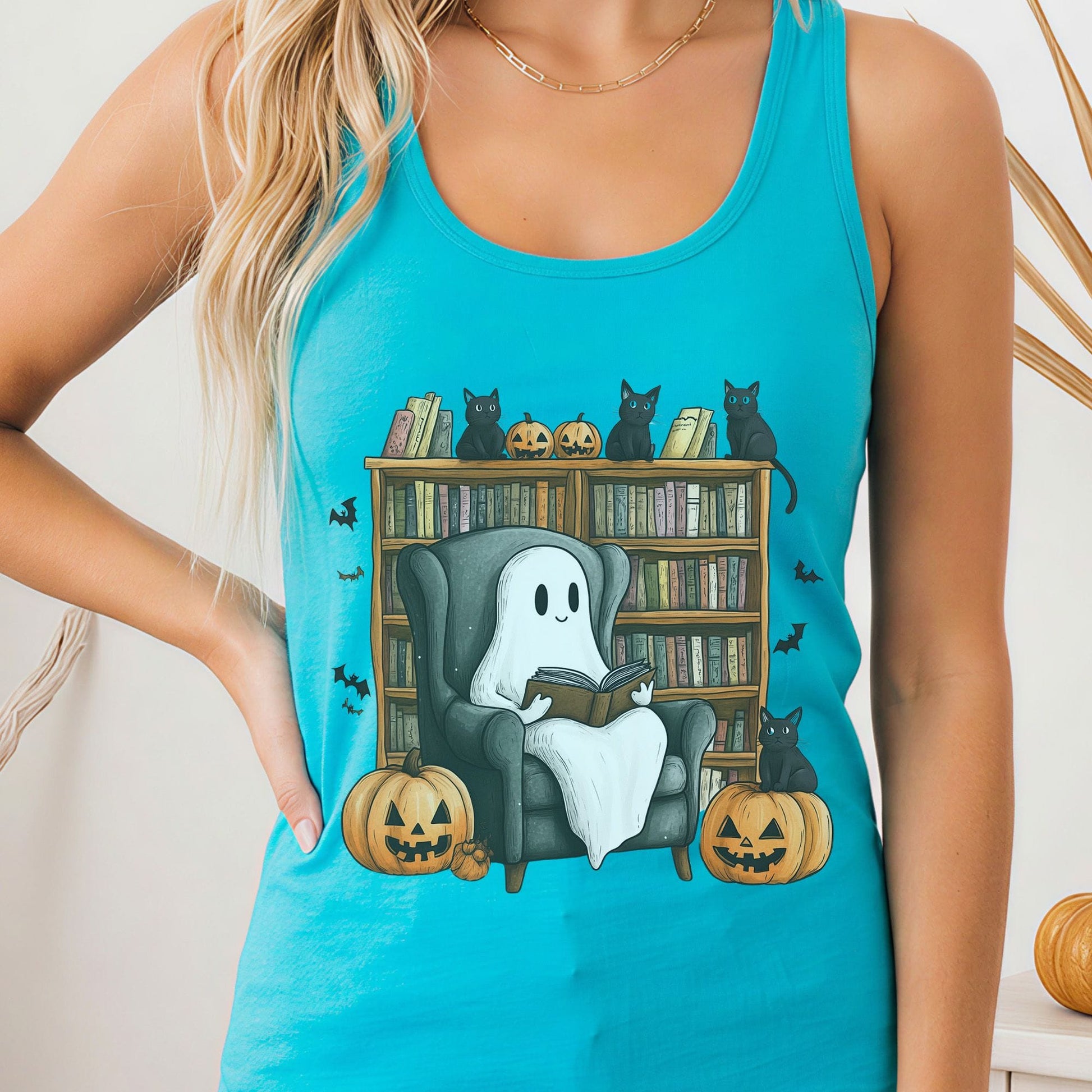 Tank Top Solid Tahiti Blue / XS Cute Reading Ghosts & Black Cats Women's Racerback Tank Top The Mystic Eden