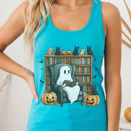 Tank Top Solid Tahiti Blue / XS Cute Reading Ghosts & Black Cats Women's Racerback Tank Top The Mystic Eden