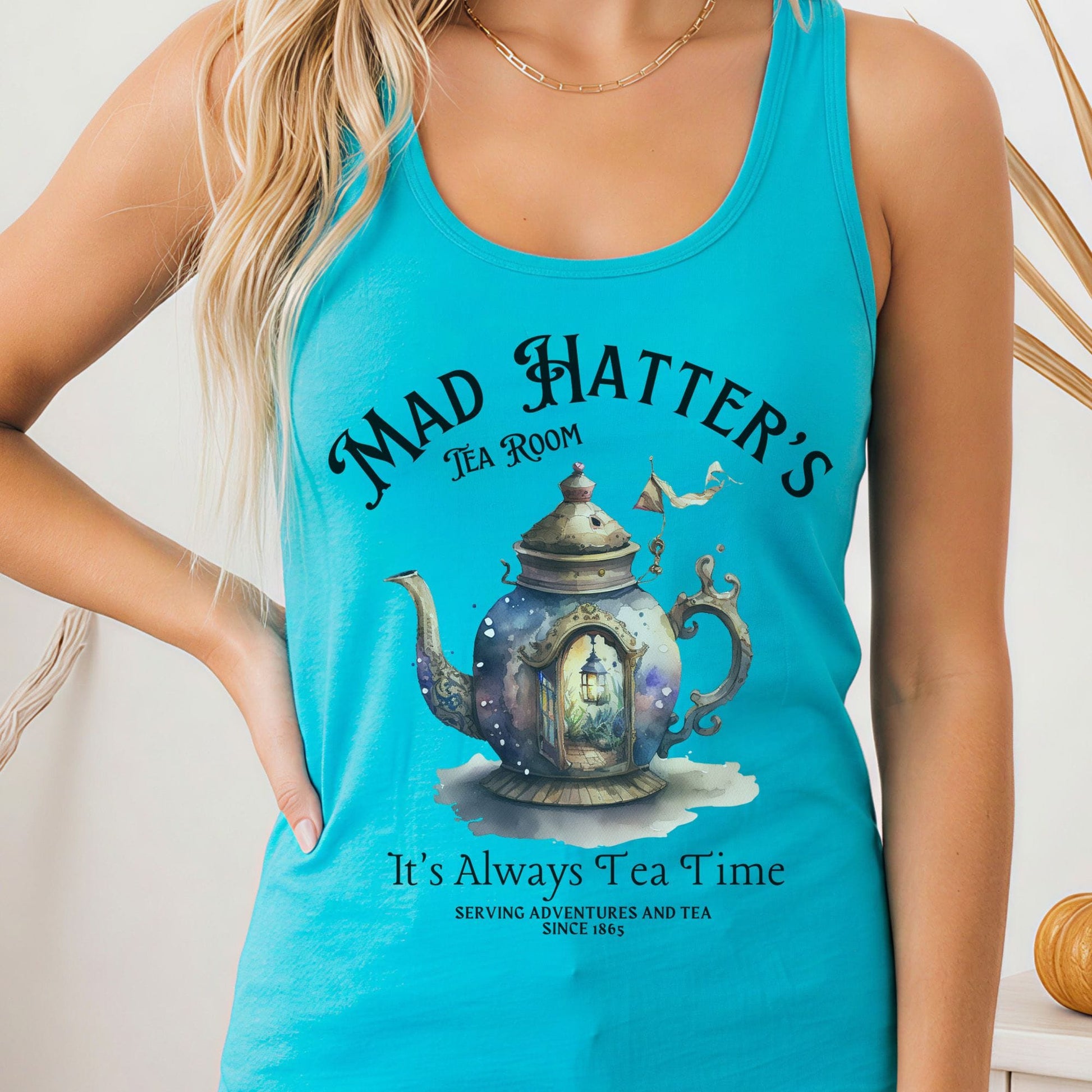 Tank Top Solid Tahiti Blue / XS It's Alway's Tea Time Mad Hatters Tea Room Women's Racerback Tank Top The Mystic Eden