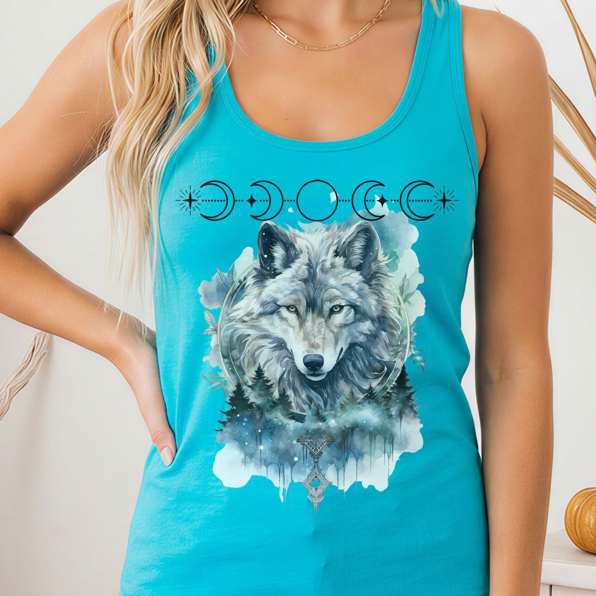 Tank Top Solid Tahiti Blue / XS Moonlit Wolf Women’s Racerback Tank Top The Mystic Eden