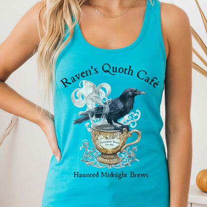 Tank Top Solid Tahiti Blue / XS Raven Quoth Cafe Haunted Midnight Brews Poe Women's Racerback Tank Top The Mystic Eden