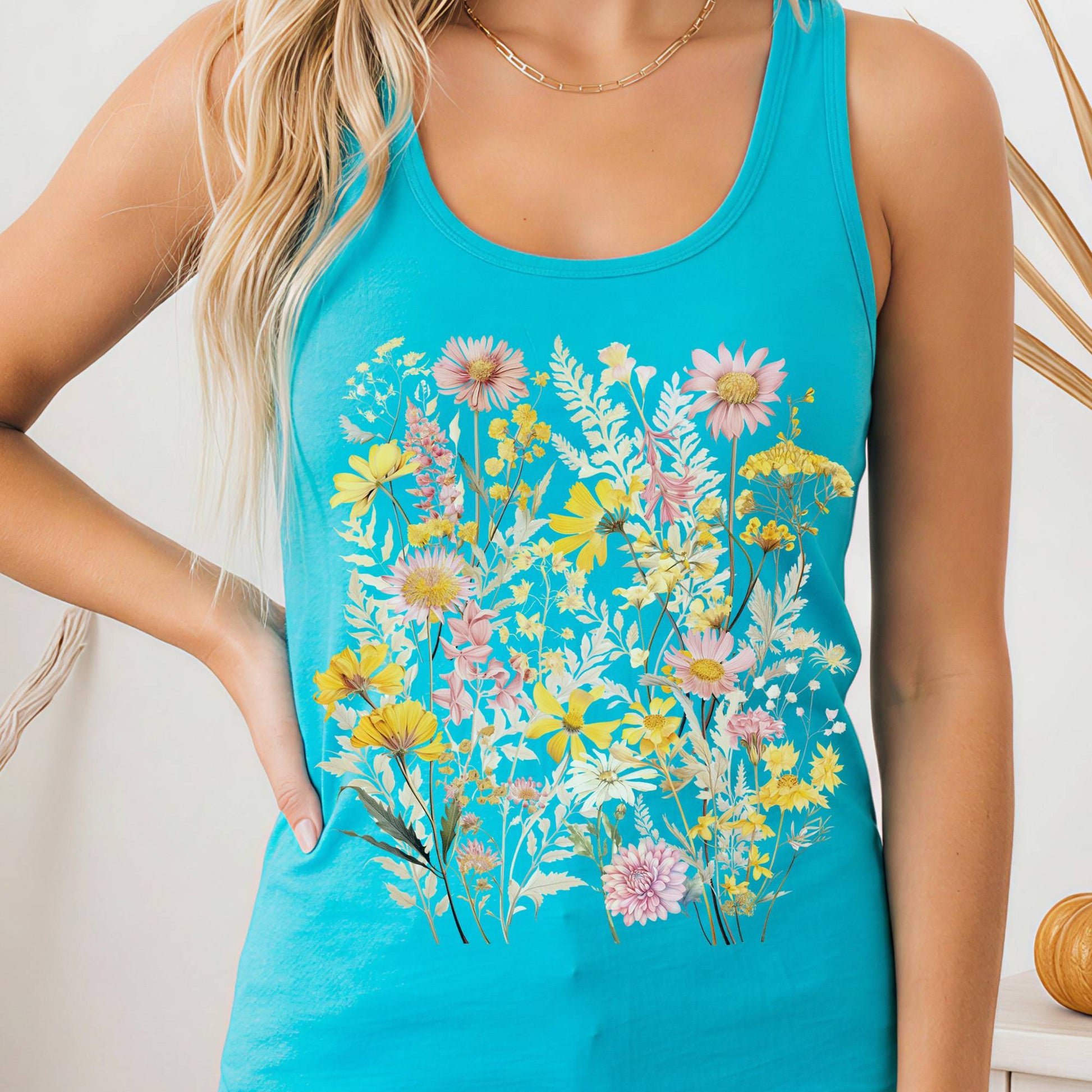Tank Top Solid Tahiti Blue / XS Spring Floral Wildflower Women's Racerback Tank Top The Mystic Eden