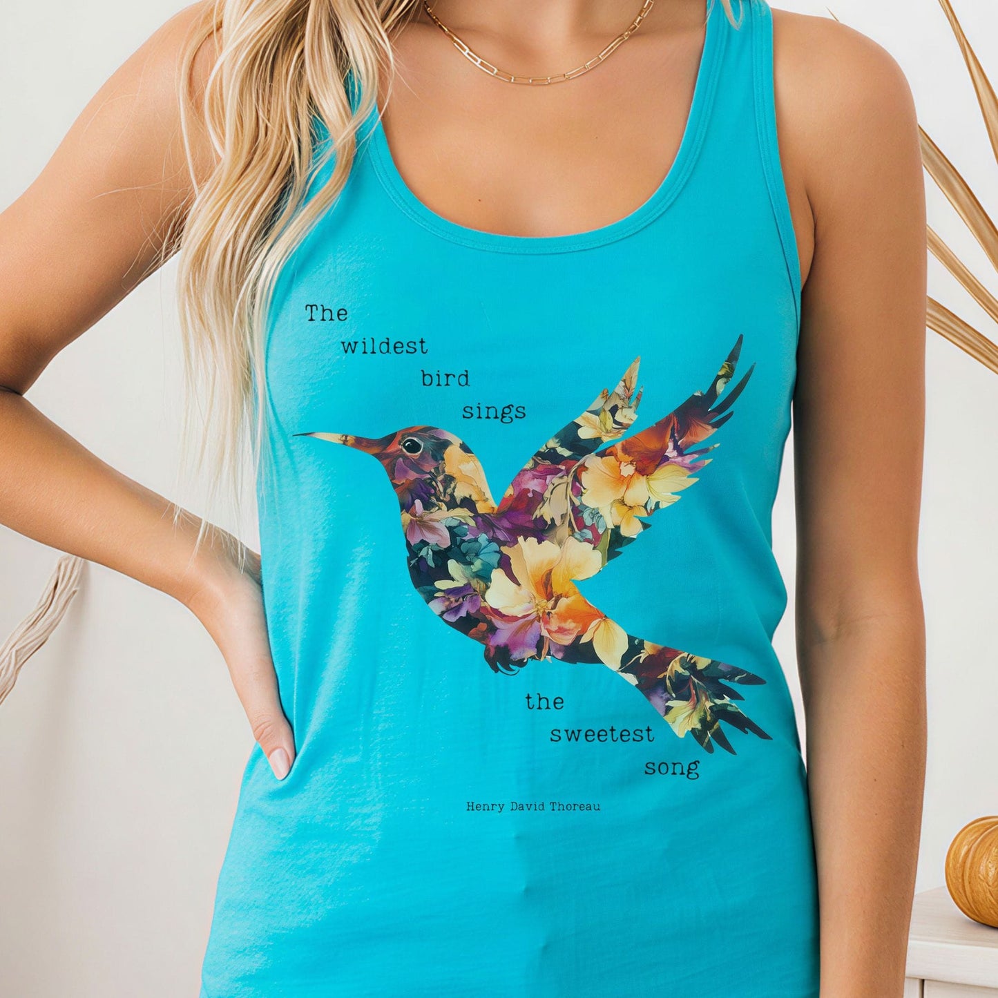 Tank Top Solid Tahiti Blue / XS The Wildest Bird Sings The Sweetest Song Thoreau Women's Racerback Tank Top The Mystic Eden