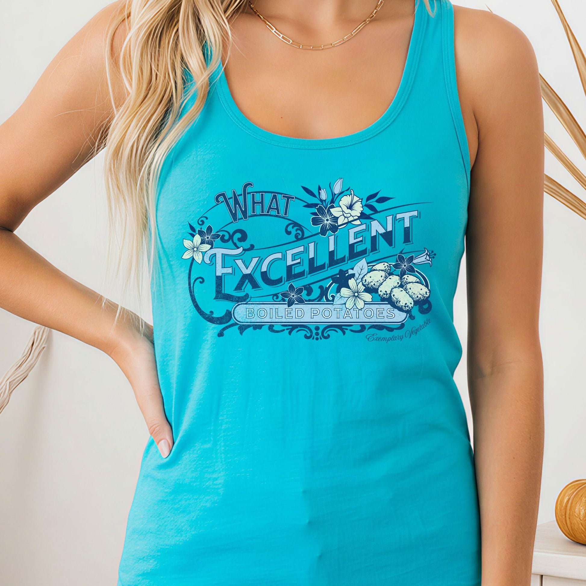 Tank Top Solid Tahiti Blue / XS What Excellent Boiled Potatoes Women's Racerback Tank Top The Mystic Eden