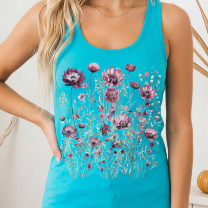 Tank Top Solid Tahiti Blue / XS Wildflower Maroon Floral Women's Racerback Tank Top The Mystic Eden
