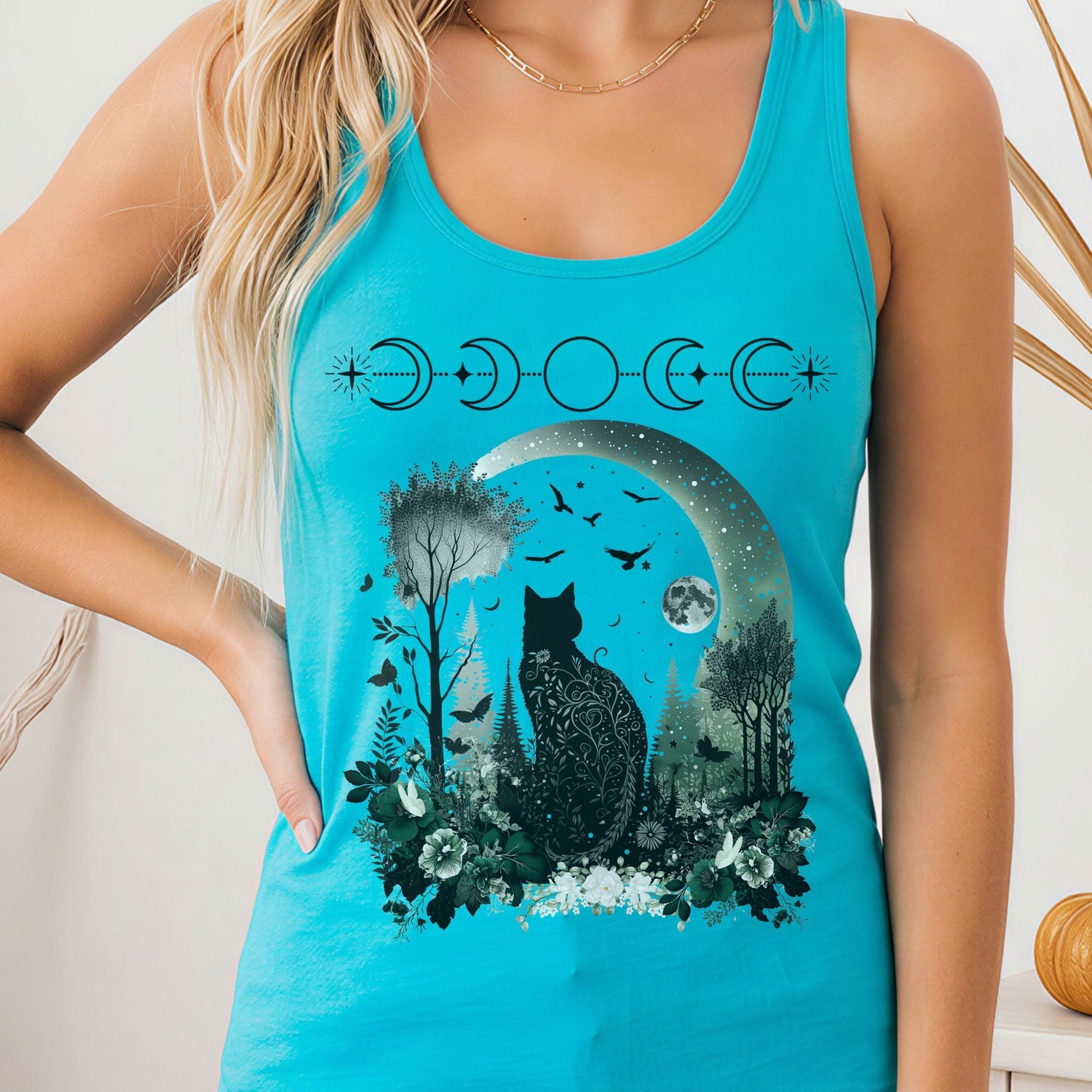 Tank Top Solid Tahiti Blue / XS Witchy Black Cat Women's Racerback Tank Top The Mystic Eden