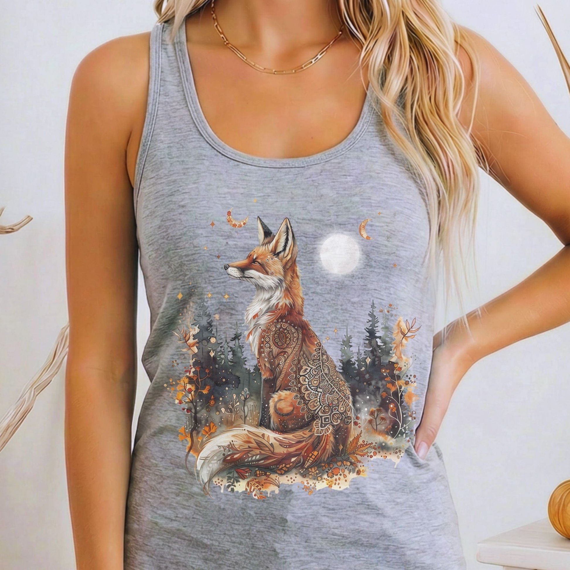 Tank Tops Heather Grey / XS I don't see any text in the design.

Mystical Fox Night Scene Women's Lightweight Tank Top The Mystic Eden